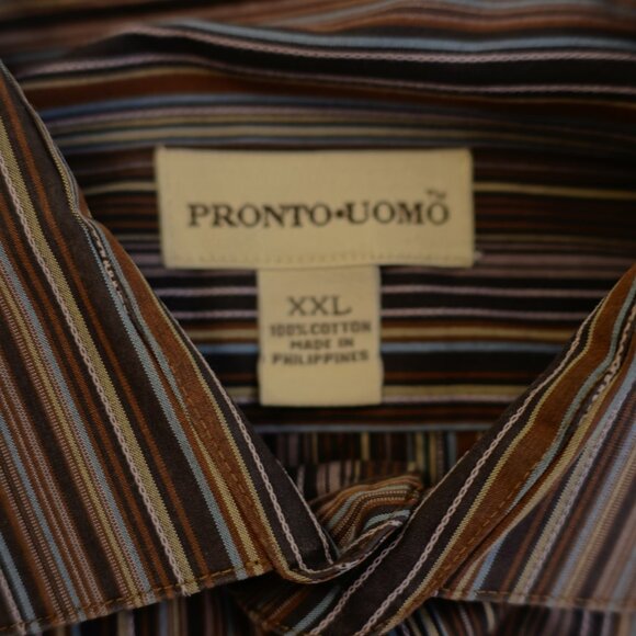 Pronto Uomo XXL Non Iron‎ Brown Blue Striped Pocket Front Collared Dress Shirt - Picture 8 of 11